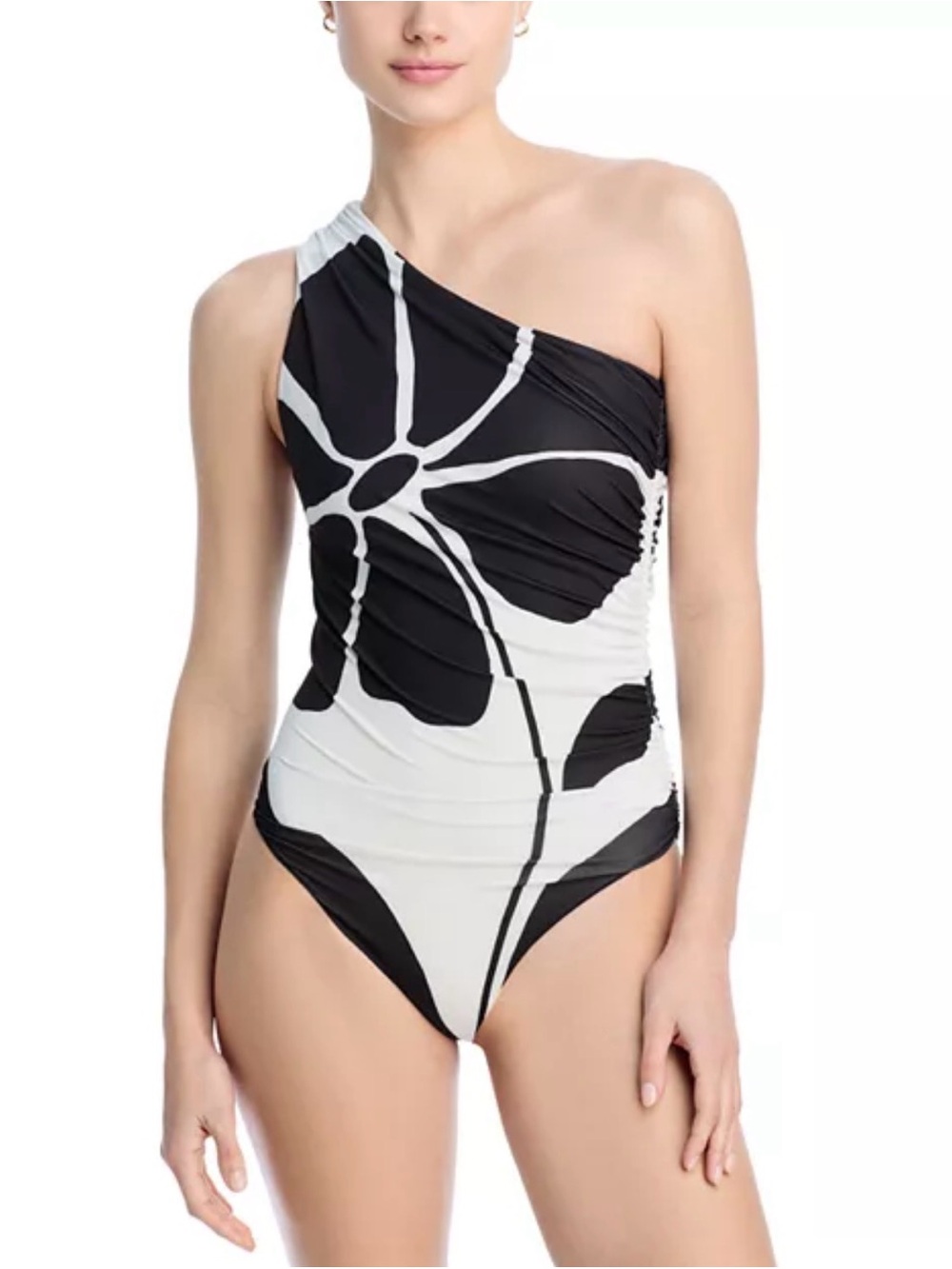 CALA de la Cruz Maite One-Shoulder Black and White Floral One-Piece Swimsuit